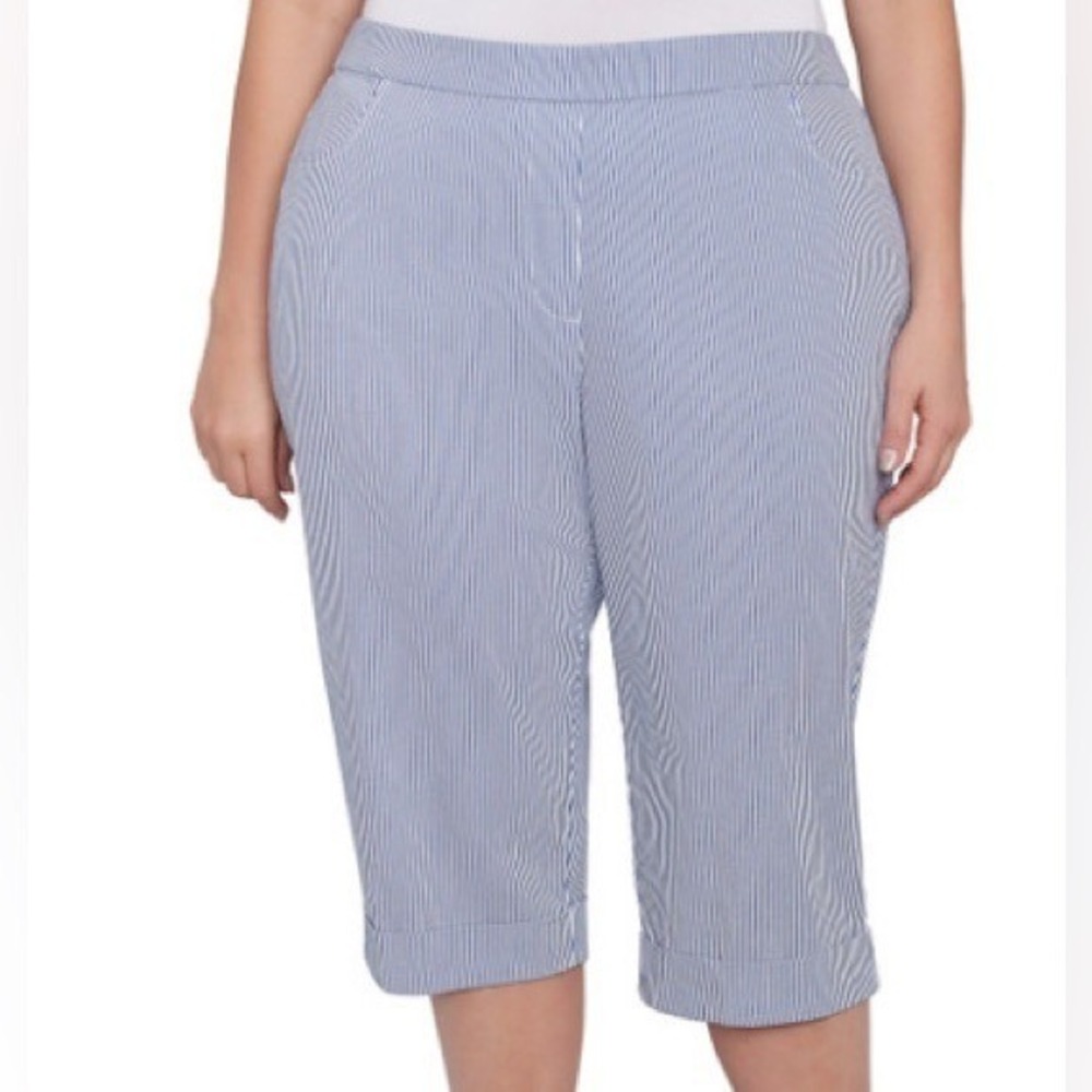Alfred Dunner Capris 22W Blue White Seersucker Stripe Pull On Coastal Preppy